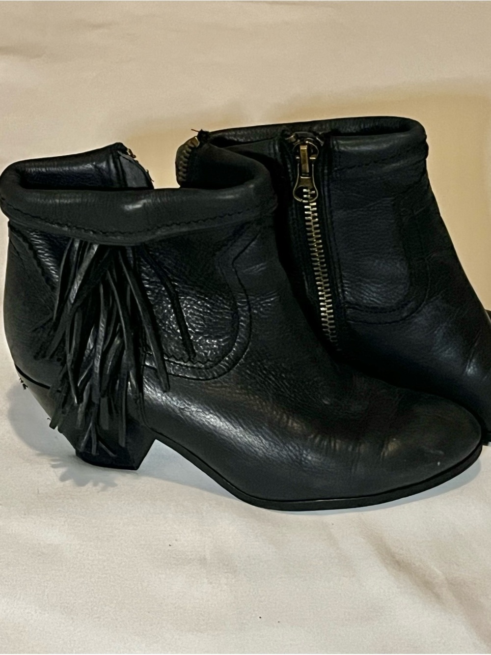 Sam Edelman Black Leather Fringe Ankle Booties with Side Zip